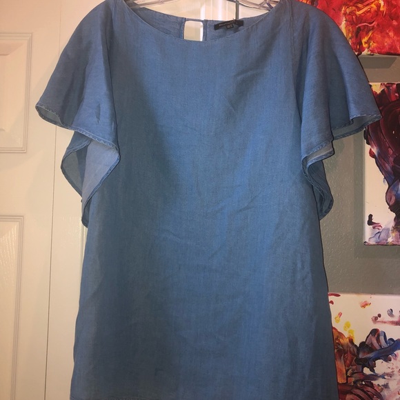 Blue Chambray Style Flutter Sleeve Top - Picture 2 of 8